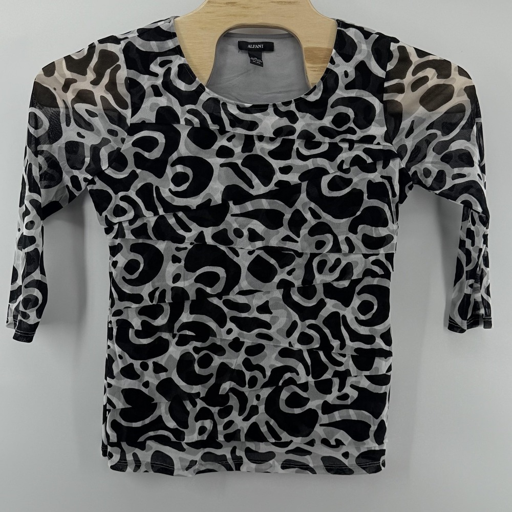 Alfani Shirt Womens Medium Black Gray Sheer Mesh Abstract Print Long Sleeve